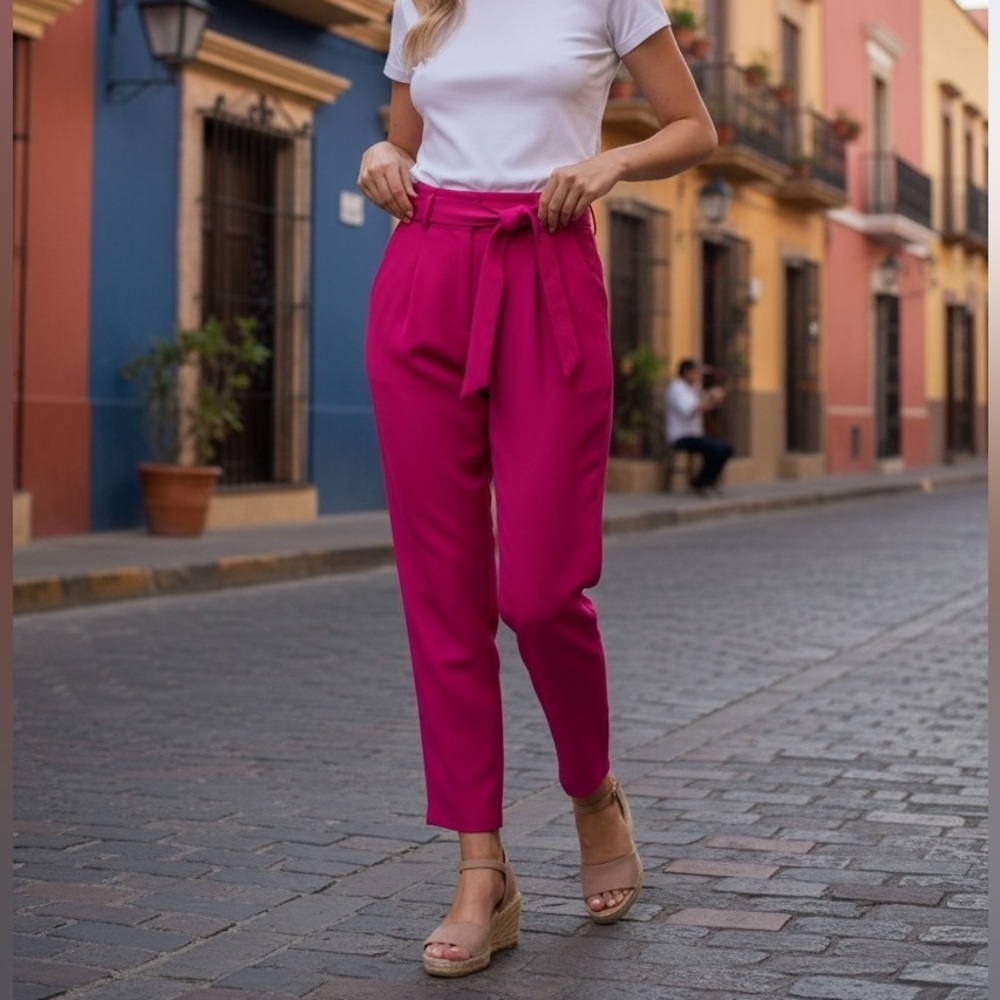 ZARA BASIC HIGH WAISTED TIE SASH HOT PINK WITH POCKETS TAPERED LEG PANTS SIZE XS